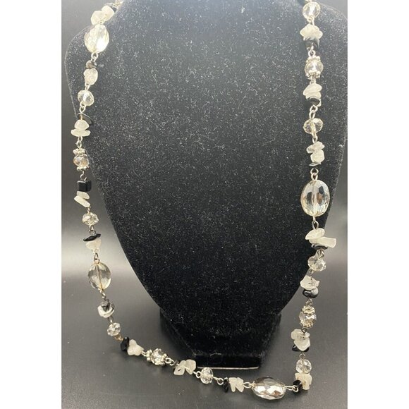 Rutilated Quartz Onyx Necklace Chip Facet Crystal Silver Tone 28+2" 5.5" Dangle - Picture 2 of 12